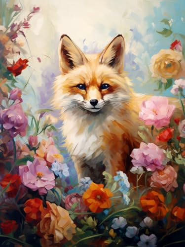 ANSIWEIGO Malen-nach-Zahlen-Set für Erwachsene – Premium-Leinwand,16x20 Zoll,ohne Rahmen,mit Pinseln und Acrylfarben,Fuchs in der Blume von ANSIWEIGO