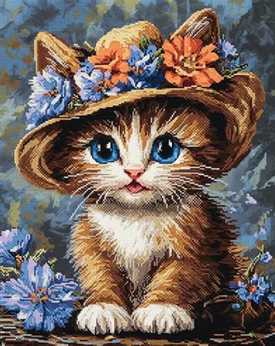 ANSIWEIGO Malen-nach-Zahlen-Set für Erwachsene – Süße Katze,Katze im Blumenhut – Rahmenloses Malset auf Acryl-Leinwand,15,7 x 19,7 Zoll – Perfekt als Heimdekoration und Geschenk von ANSIWEIGO