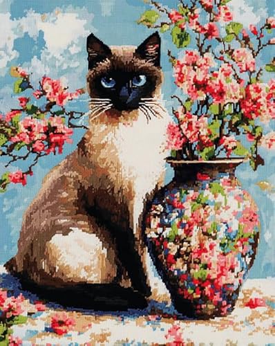 ANSIWEIGO Malen nach Zahlen-Set zum Selbermachen – Blumenkatze,Vase und Katze – Ölgemälde in Farben für die Heimdekoration,40x50 cm Leinwand,ohne Rahmen von ANSIWEIGO