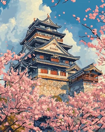 ANSIWEIGO Malen nach Zahlen-Set zum Selbermachen – Japanische Landschaft,Sakura-Tempel – Ölgemälde in Farben,Bild für die Heimdekoration,40x50 cm,Leinwand,ohne Rahmen von ANSIWEIGO