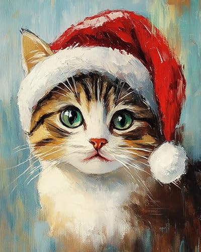 ANSIWEIGO Malen-nach-Zahlen-Set zum Selbermachen für Erwachsene,Katze mit Weihnachtsmannmütze,Polyester-Leinwand,anfängerfreundlich,Wanddekoration für Zuhause,Weihnachtsbasteln,40x50 cm,mit Rahmen von ANSIWEIGO