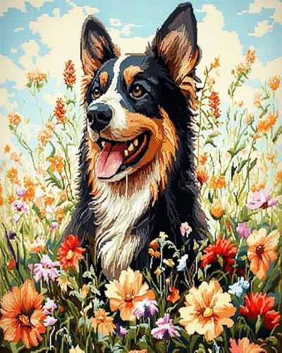 ANSIWEIGO Malen nach Zahlen auf Leinwand,Schäferhund in Blume,handgefertigtes Ölgemälde als Wanddekoration für zu Hause(40x50 cm,mit Rahmen) von ANSIWEIGO