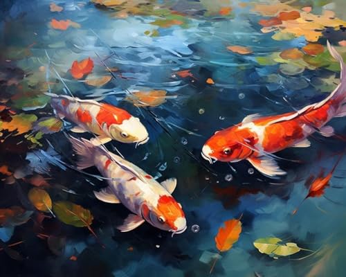 ANSIWEIGO Malen nach Zahlen für Erwachsene,Teich,Laubwechselnder Koi-Fisch,Acryl-Ölgemälde-nach-Zahlen-Set für Anfänger,Kunsthandwerk,Leinwand für die Inneneinrichtung,40x50 cm von ANSIWEIGO