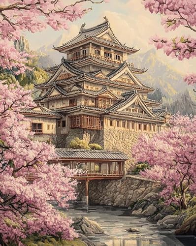 ANSIWEIGO Malen nach Zahlen zum Selbermachen für Erwachsene – Japanische Landschaft,Sakura-Tempel – Leinwand-Malset mit Acrylfarben,Bastelset für Entspannung und Familienspaß,40x50 cm,ohne Rahmen von ANSIWEIGO