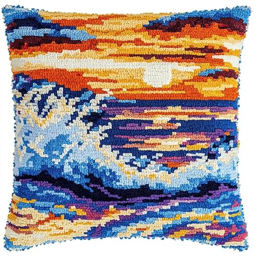 ANSIWEIGO Modern Fortgeschritten Kreuzstich Sticksets Kissen Kreuzstich Kissen Set Stickkissen Kreuzstichkissen Stickkissen-Set 45x45cm Sonnenuntergang am Meer von ANSIWEIGO