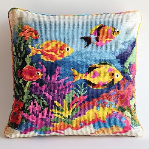 ANSIWEIGO Moderner Kissenbezug mit Kreuzstich,Bunte Fische unter dem Meer,Handgemachte Stickerei,Weiche Baumwollmischung,Abnehmbar und waschbar,45x45 cm von ANSIWEIGO