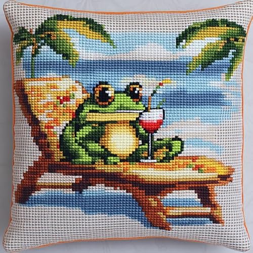 ANSIWEIGO Moderner Kissenbezug mit Kreuzstich,Freizeit-Urlaubsfrosch,handgefertigte Stickerei,weiche Baumwollmischung,abnehmbar und waschbar,45x45 cm von ANSIWEIGO