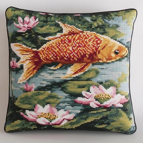 ANSIWEIGO Moderner Kissenbezug mit Kreuzstich,Lotusteichfisch,handgemachte Stickerei,weiche Baumwollmischung,abnehmbar und waschbar,45x45 cm von ANSIWEIGO