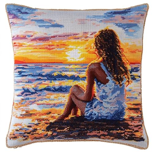 ANSIWEIGO Moderner Kissenbezug mit Kreuzstich,Mädchen am Strand bei Sonnenuntergang,handgemachte Stickerei,weiche Baumwollmischung,abnehmbar und waschbar,45x45 cm von ANSIWEIGO