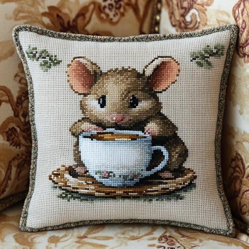 ANSIWEIGO Moderner Kissenbezug mit Kreuzstich,„Ratte trinkt heimlich Kaffee“,handgemachte Stickerei,weiche Baumwollmischung,abnehmbar und waschbar,45x45 cm von ANSIWEIGO