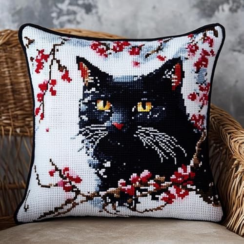 ANSIWEIGO Moderner Kissenbezug mit Kreuzstich,Sakura Schwarze Katze,handgemachte Stickerei,weiche Baumwollmischung,abnehmbar und waschbar,45x45 cm von ANSIWEIGO