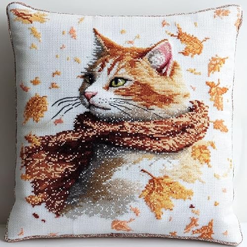 ANSIWEIGO Moderner Kissenbezug mit Kreuzstich,Winterkatze,handgemachte Stickerei,weiche Baumwollmischung,abnehmbar und waschbar,45x45 cm von ANSIWEIGO