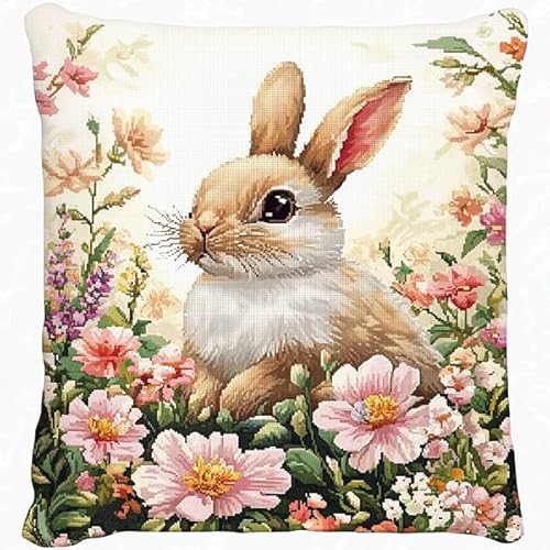 ANSIWEIGO Niedlicher Hase in der Blume. Kreuzstich-Set. Dekokissen 18 x 18 Zoll. Bedruckte Gobelin-Leinwand für kreative Heimdekoration von ANSIWEIGO