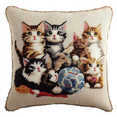 ANSIWEIGO Niedlicher Kissenbezug mit Kreuzstichmotiv „Katzenfamilie“,vorgestickter Bezug aus Baumwolle und Leinen,versteckter Reißverschluss,Heimdekoration,45x45 cm von ANSIWEIGO