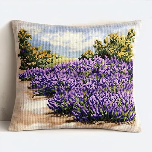 ANSIWEIGO Personalisierbarer Kreuzstich-Kissenbezug,Lila Lavendelblumen Stickmuster,handgemachter dekorativer Kissenbezug,45x45 cm von ANSIWEIGO