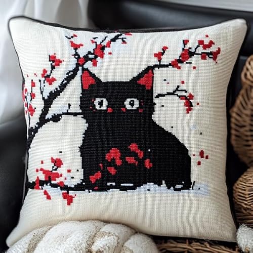 ANSIWEIGO Personalisierbarer Kreuzstich-Kissenbezug,Sakura Schwarze Katze Stickmuster,handgemachter dekorativer Kissenbezug,45x45 cm von ANSIWEIGO