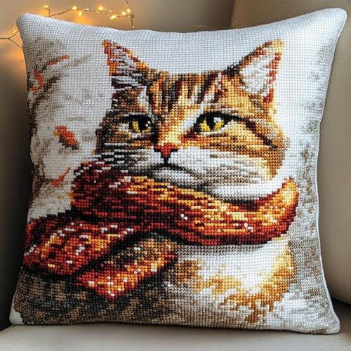 ANSIWEIGO Personalisierbarer Kreuzstich-Kissenbezug,Winterkatze- Stickmuster,handgemachter dekorativer Kissenbezug,45x45 cm von ANSIWEIGO