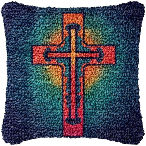 ANSIWEIGO Religion Kreuz-Knüpfhaken-Kissenbezug-Sets für selbstgemachte Dekokissen,Kreuzstich-Knüpfhaken-Kissenbezug-Teppich-Sets mit vorgedrucktem Farbmuster,Canvas-Häkelgarn-Sets,43x43 cm von ANSIWEIGO