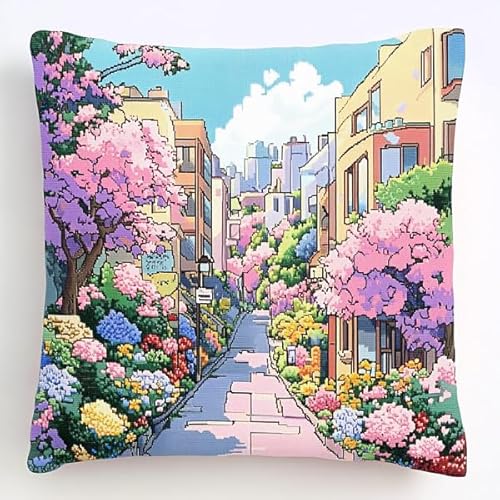 ANSIWEIGO Romantische Stadt voller Blumen,Stickset mit bedruckter Leinwand (45x45 cm),Stickset für Kissen für kreative Heimdekoration,Handarbeitsset für Erwachsene Anfänger von ANSIWEIGO