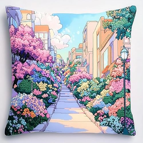 ANSIWEIGO Romantische Stadt voller Blumen. Kreuzstich-Set. Dekokissen 18 x 18 Zoll. Bedruckte Gobelin-Leinwand für kreative Heimdekoration. von ANSIWEIGO