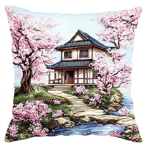 ANSIWEIGO Sakura Park-Landschaft,Kreuzstich-Set für Erwachsene und Anfänger,Stickkissen-Set für kreative Heimdekoration,45x45 cm von ANSIWEIGO