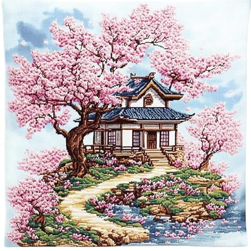 ANSIWEIGO Sakura Park-Landschaft,Kreuzstichset mit Stempel (45x45 cm),Kissenset mit Kreuzstich mit Stempel für kreative Heimdekoration,Handarbeitsset für erwachsene Anfänger von ANSIWEIGO