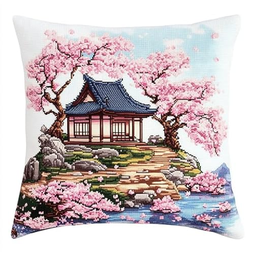 ANSIWEIGO Sakura Park-Landschaft,Stickset mit bedruckter Leinwand (45x45 cm),Stickset für Kissen für kreative Heimdekoration,Handarbeitsset für Erwachsene Anfänger von ANSIWEIGO