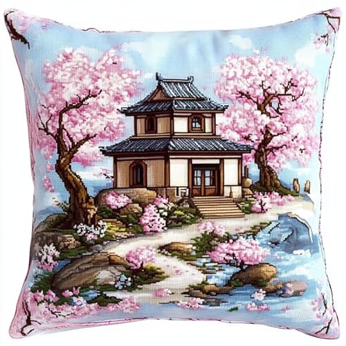 ANSIWEIGO Sakura-Park-Landschaft. Kreuzstich-Set. Dekokissen 18 x 18 Zoll. Bedruckte Gobelin-Leinwand für kreative Heimdekoration von ANSIWEIGO