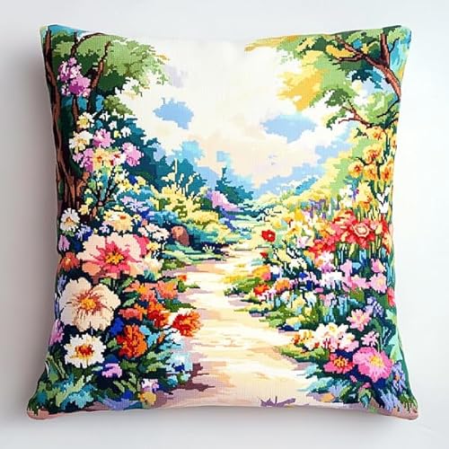 ANSIWEIGO Schöner Weg durchs Blumenland,Kreuzstich-Set für Erwachsene und Anfänger,Stickkissen-Set für kreative Heimdekoration,45x45 cm von ANSIWEIGO