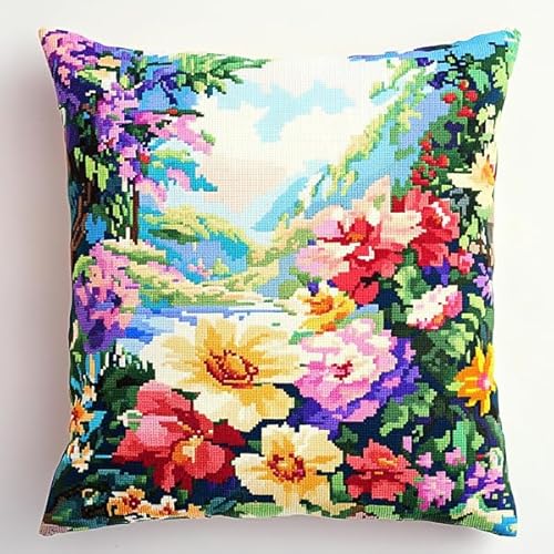 ANSIWEIGO Schöner Weg durchs Blumenland,Stickset mit bedruckter Leinwand (45x45 cm),Stickkissen-Set für kreative Heimdekoration,Handarbeitsset für Erwachsene Anfänger von ANSIWEIGO