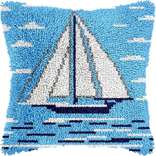 ANSIWEIGO Seelandschaft DIY Knüpfhaken-Set,Segelboot auf See,Kreuzstich-Kissen-Knüpfhaken-Sets,Sticken zum Selbermachen,Stickkissen zum Basteln,43x43 cm von ANSIWEIGO