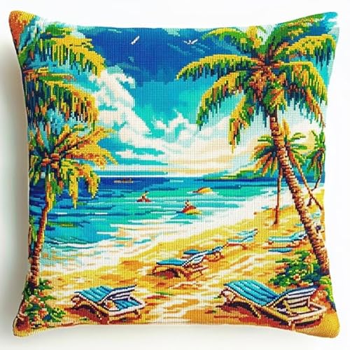 ANSIWEIGO Strandurlaubslandschaft,Kreuzstichset für Erwachsene und Anfänger,Stickkissenset für kreative Heimdekoration,45x45 cm von ANSIWEIGO