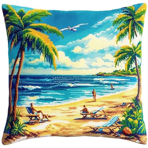 ANSIWEIGO Strandurlaubslandschaft,Stickset mit bedruckter Leinwand (45x45 cm),Stickset für Kissen für kreative Heimdekoration,Handarbeitsset für Erwachsene Anfänger von ANSIWEIGO