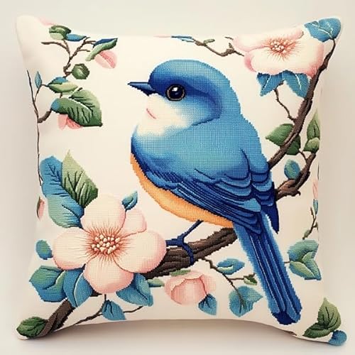 ANSIWEIGO Süßer Blauer Vogel und Blumen,Stickset mit bedruckter Leinwand (45x45 cm),Stickset für Kissen für kreative Heimdekoration,Handarbeitsset für Erwachsene Anfänger von ANSIWEIGO