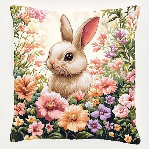 ANSIWEIGO Süßer Hase in der Blume,Kreuzstichset für Erwachsene und Anfänger,Stickkissenset für kreative Heimdekoration,45x45 cm von ANSIWEIGO