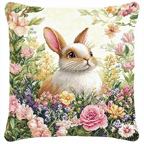 ANSIWEIGO Süßer Hase in der Blume,Kreuzstichset mit Stempel (45x45 cm),Kissenset mit Kreuzstich mit Stempel für kreative Heimdekoration,Handarbeitsset für erwachsene Anfänger von ANSIWEIGO