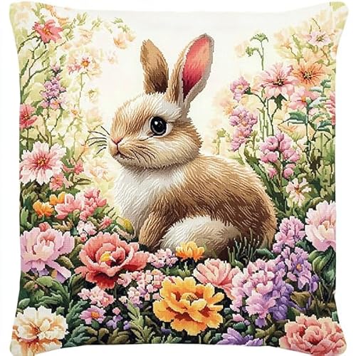 ANSIWEIGO Süßer Hase in der Blume,Stickset mit bedruckter Leinwand (45x45 cm),Stickset für Kissen für kreative Heimdekoration,Handarbeitsset für Erwachsene Anfänger von ANSIWEIGO