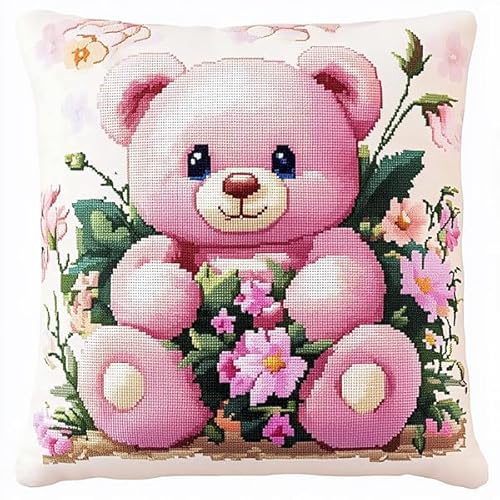 ANSIWEIGO Süßer Teddybär mit Blumen,Kreuzstichset für Erwachsene und Anfänger,Kissenstickset für kreative Heimdekoration,45x45 cm von ANSIWEIGO