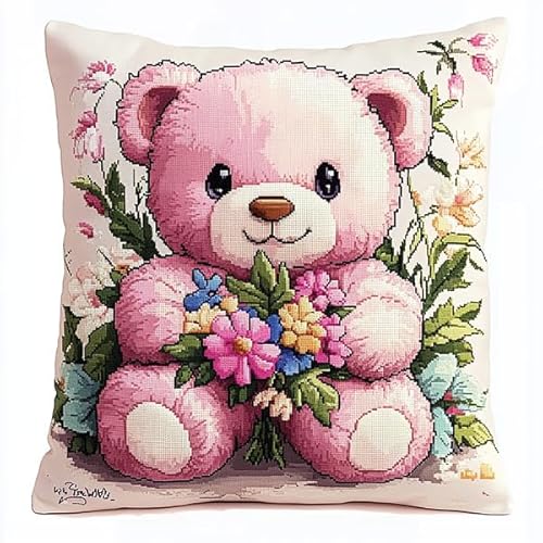 ANSIWEIGO Süßer Teddybär mit Blumen,Kreuzstichset mit Stempel (45x45 cm),Kissenset mit Kreuzstich mit Stempel für kreative Heimdekoration,Handarbeitsset für erwachsene Anfänger von ANSIWEIGO