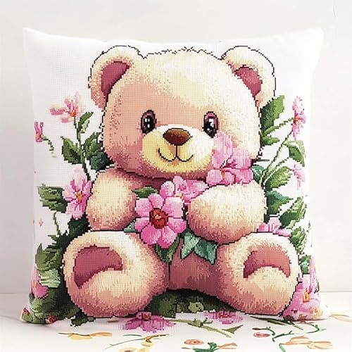 ANSIWEIGO Süßer Teddybär mit Blumen,Stickset mit bedruckter Leinwand (45x45 cm),Stickset für Kissen für kreative Heimdekoration,Handarbeitsset für Erwachsene Anfänger von ANSIWEIGO