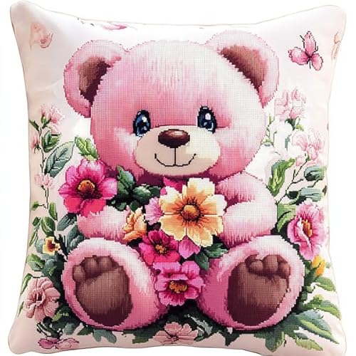 ANSIWEIGO Süßer Teddybär mit Blumen. Kreuzstich-Set. Dekokissen 18×18 Zoll. Bedruckte Gobelin-Leinwand für kreative Heimdekoration. von ANSIWEIGO