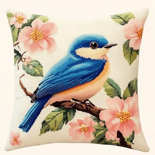 ANSIWEIGO Süßer blauer Vogel und Blumen,Kreuzstichset mit Stempel (45x45 cm),Kissenset mit Kreuzstich mit Stempel für kreative Heimdekoration,Handarbeitsset für erwachsene Anfänger von ANSIWEIGO