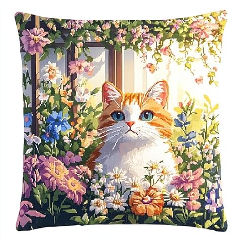 ANSIWEIGO Verträumter Blumengarten mit süßer Katze,Kreuzstichset mit Stempel (45x45 cm),Kissenset mit Kreuzstich mit Stempel für kreative Heimdekoration,Handarbeitsset für erwachsene Anfänger von ANSIWEIGO