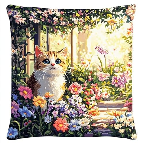 ANSIWEIGO Verträumter Blumengarten mit süßer Katze,Stickset mit bedruckter Leinwand (45x45 cm),Stickset für Kissen für kreative Heimdekoration,Handarbeitsset für Erwachsene Anfänger von ANSIWEIGO