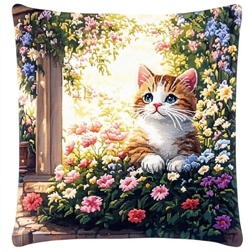 ANSIWEIGO Verträumter Blumengarten mit süßer Katze. Kreuzstich-Set. Dekokissen 18 x 18 Zoll. Bedruckte Gobelin-Leinwand für kreative Heimdekoration. von ANSIWEIGO