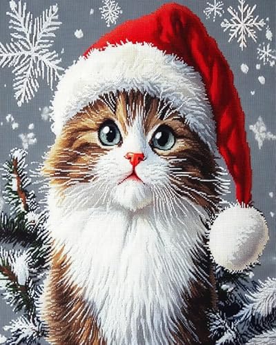 ANSIWEIGO Weihnachtsdekoration Malen nach Zahlen,Katze mit Weihnachtsmannmütze,Moderne digitale Ölgemälde-Heimdekoration(40x50cm,Ohne Rahmen) von ANSIWEIGO