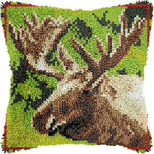 Knüpfhaken-Set für Erwachsene und Anfänger,Hirsch mit Tierhörnern,Stickset zum Selbermachen von Kissen mit allen Materialien und Werkzeugen,perfekt für Anfänger,Heimdekoration und Geschenke,43x43 cm von ANSIWEIGO