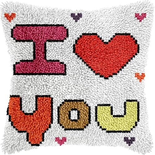 Knüpfhaken-Set für Erwachsene und Anfänger,Muster „I Love You“,Stickset zum Selbermachen von Kissen mit allen Materialien und Werkzeugen,perfekt für Anfänger,Heimdekoration und Geschenke,43x43 cm von ANSIWEIGO