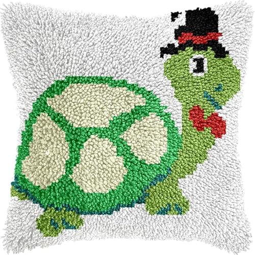 Knüpfhaken-Set für Erwachsene und Anfänger,süße Cartoon-Schildkröte,Stickset zum Selbermachen von Kissen mit allen Materialien,perfekt für Anfänger,als Heimdekoration und als Geschenk,43x43 cm von ANSIWEIGO