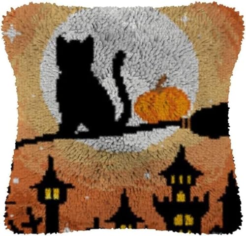 Knüpfkissenbezug-Set mit Katze in Halloween-Motiv für Erwachsene und Anfänger,DIY-Kissen,Dekokissen,Kreuzstich-Knüpfteppich-Set mit vorgedruckter Leinwand,Häkelgarn-Set,Handarbeitshandwerk,43x43 cm von ANSIWEIGO